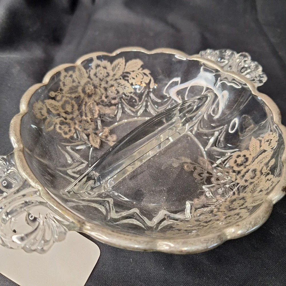 Vintage Silver Overlay Divided‎ Relish Dish Floral Scalloped Candy Bowl 8